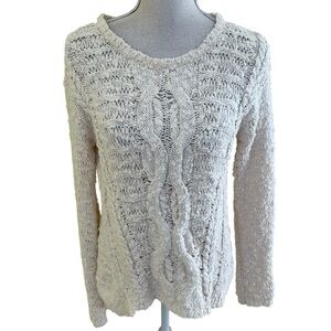 Anthropologie Moth Cream Hi-Lo Nubby Knit with Cable Detail Sweater S